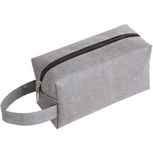 A grey nylon cosmetic bag with a zip closure and a convenient handle on the side.