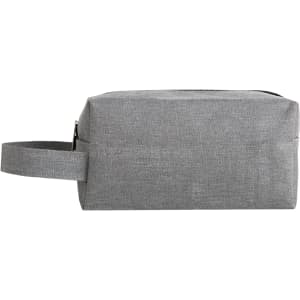 A grey nylon premium cosmetic bag with a zipper and a side handle, featuring a simple design and a logo.
