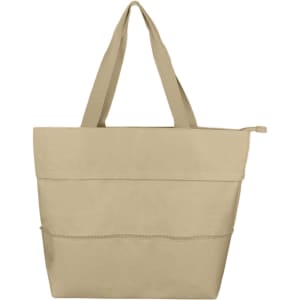 A beige reusable shopping bag with a zippered pocket and two sturdy handles. It features a logo.