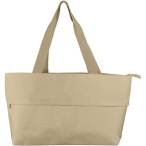 A beige extendable shopping bag with two handles and a zipper closure, featuring a logo on the side.