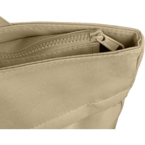 A tan extendable shopping bag with a zippered opening and a sturdy fabric design. It features a logo on the side.