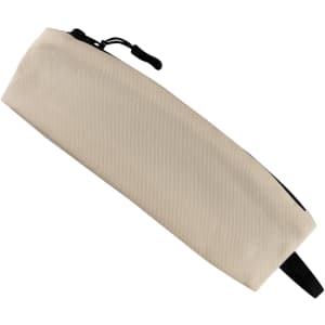 A small cream cosmetic bag with a zip closure and a black pull tab, featuring a subtle brand logo.