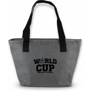 A grey tote bag with black handles and a logo featuring the words "WORLD CUP".