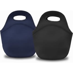 A neoprene lunch bag pair in navy and black, featuring carry handles and a simple, sleek design.