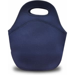 A navy neoprene lunch bag with a handle, featuring a smooth exterior and rounded shape. It includes a branding logo.