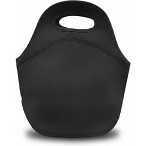 A black neoprene lunch bag featuring a rounded top handle and seamless sides. It has a simple, sleek design.