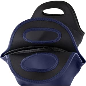 A navy neoprene lunch bag with a black interior and zip closure, featuring handles on the top.