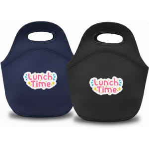 A neoprene lunch bag in navy and black, featuring a logo on the front.