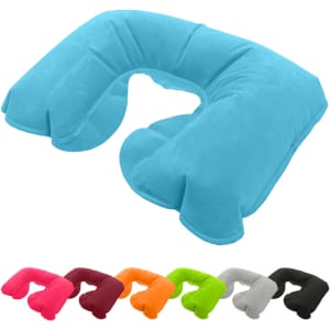 A blue travel neck pillow with a U-shaped design, featuring a soft texture and multiple colour options displayed below.