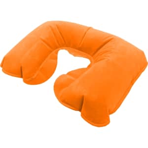 An orange travel neck pillow with a U-shape design, featuring a soft, plush material. It has a logo.