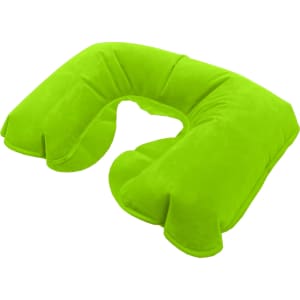 A vibrant green travel neck pillow with a U-shape design, featuring a soft, plush exterior and ergonomic support.