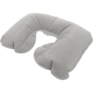 A grey travel neck pillow with a U-shape design, featuring soft material and a logo.