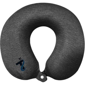 A dark grey memory neck pillow with a smooth texture and a small logo.