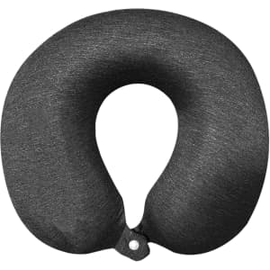 A dark grey memory neck pillow with a U-shaped design and a button closure. It has a soft texture and a simple branding logo.
