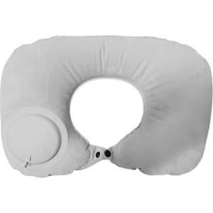 A white inflatable neck pillow with a central opening and a valve for inflation. It has a smooth, textured surface.