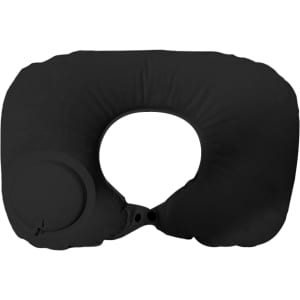A black inflatable neck pillow with a wide opening in the centre and a circular valve on one side.