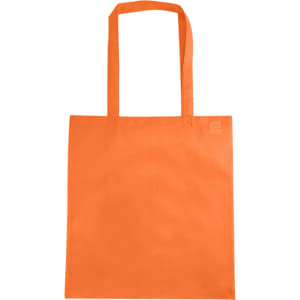 An orange non-woven tote bag with a V gusset and two shoulder straps. The bag features a logo.