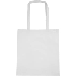 A white non-woven tote bag with a V gusset and two shoulder straps, featuring a logo on one side.