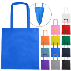 A blue non-woven tote bag with a V gusset, featuring multiple colour variations and a logo.