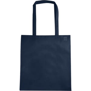 A navy non-woven tote bag with a V gusset and dual handles, featuring a logo.
