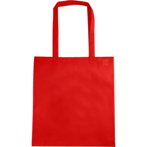 A red non-woven tote bag with a V gusset and shoulder straps, featuring a logo.