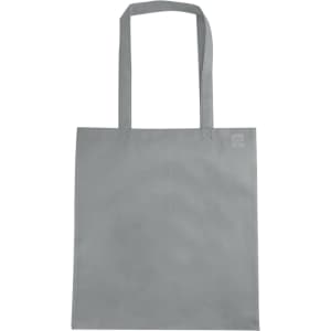 A grey non-woven tote bag with a V gusset and long handles, featuring a simple logo.