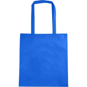 A blue non-woven reusable grocery bag without a gusset, featuring two sturdy handles and a branded logo.