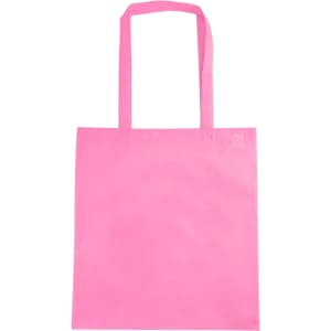 A pink non-woven tote bag with a V gusset and shoulder straps, featuring a logo.