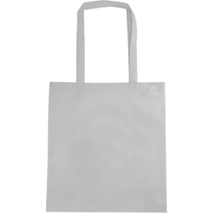 A grey non-woven tote bag with long handles and no gusset, featuring a logo.