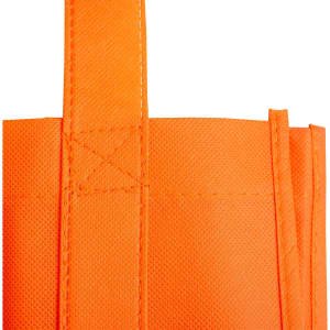 An orange non-woven shopping bag with two handles and textured fabric, featuring a logo.