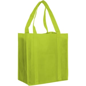 A lime green non-woven shopping bag with two sturdy handles and a spacious interior. It features a logo.