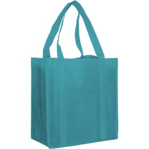 A turquoise non-woven shopping bag with sturdy handles and a simple design, suitable for reusable grocery shopping.