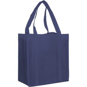 A navy non-woven shopping bag with two sturdy handles and a solid design, featuring a logo.