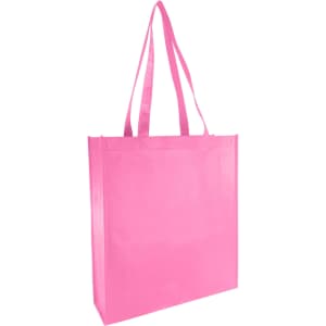 A pink non-woven reusable grocery bag with large gussets and twin handles, featuring a simple design.