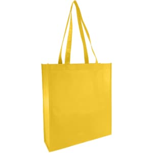 A yellow non-woven reusable grocery bag with a large gusset and two shoulder straps, featuring a simple design.