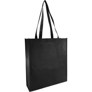 A black non-woven reusable grocery bag with large gusset and two long handles. Features branding on the surface.