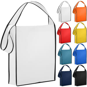 A non-woven sling bag in various colours including white, orange, red, yellow, blue, teal, and navy, with contrasting black trim.