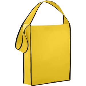 A yellow non-woven sling bag with black trim and a single shoulder strap. It features a simple design and branding.