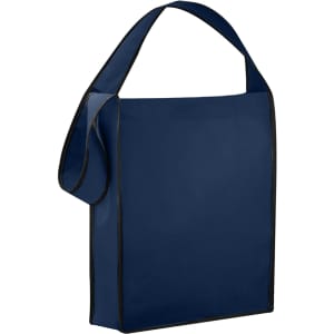 A non-woven sling bag in navy blue with contrasting trim and a shoulder strap. It features a logo.
