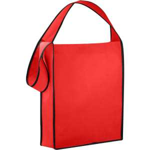 A red non-woven sling bag with black trim, featuring a single adjustable shoulder strap and a simple design.