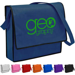 A blue non-woven flap satchel with a shoulder strap and a logo, available in multiple colours.
