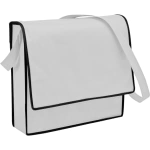 A white non-woven flap satchel with black trim and a shoulder strap; features a logo on the front.