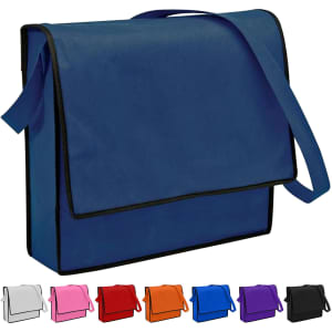 A blue non-woven flap satchel with a shoulder strap and contrasting trim, available in multiple other colours.