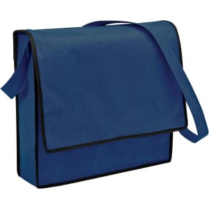 A blue non-woven flap satchel with a shoulder strap and contrasting black trim, featuring a logo.