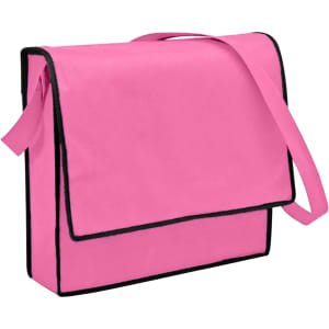 A pink non-woven flap satchel with a black trim and shoulder strap, featuring a logo.