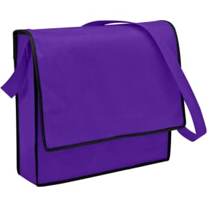 A purple non-woven flap satchel with a black trim and an adjustable strap. It features a front flap and a spacious interior.