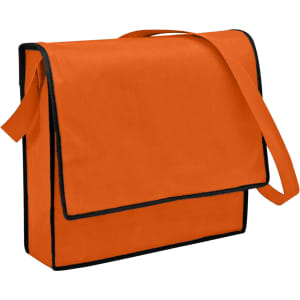 An orange non-woven flap satchel with a black trim and an adjustable shoulder strap.