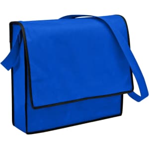 A blue non-woven flap satchel bag with black trim and an adjustable shoulder strap. It features a front flap and logo.