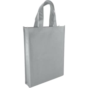 A grey non-woven tote bag with two sturdy handles and a simple design. It features a logo but no text.