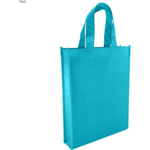 A teal non-woven tote bag with two sturdy handles, featuring a simple design and no visible logo.